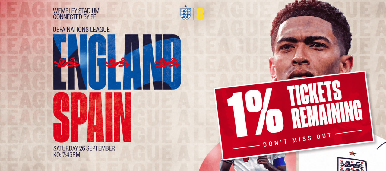 England v Spain — 1% tickets remaining, Saturday 26 September at 7:45 PM